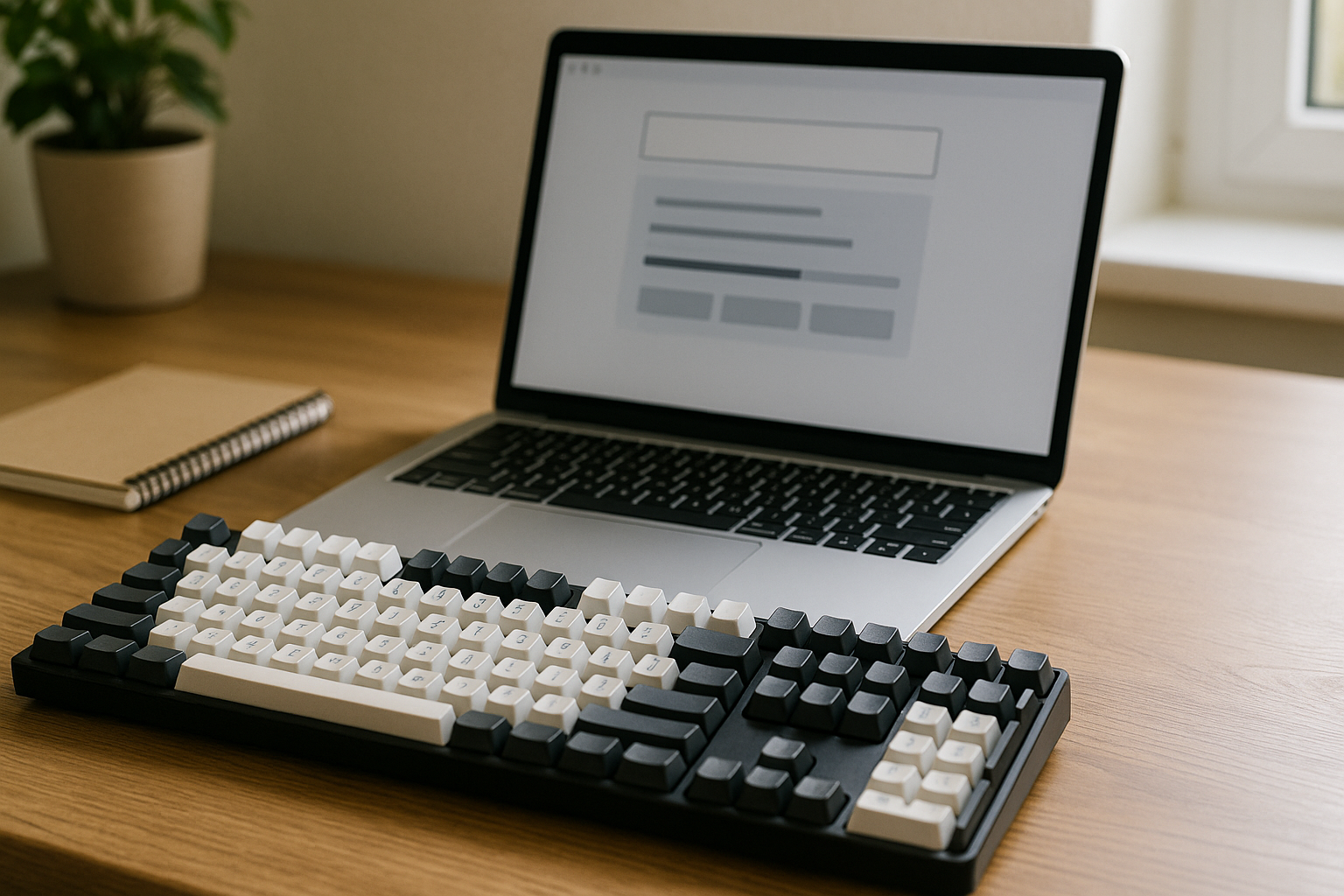 Typing test desk setup with keyboard, timer, and performance notes