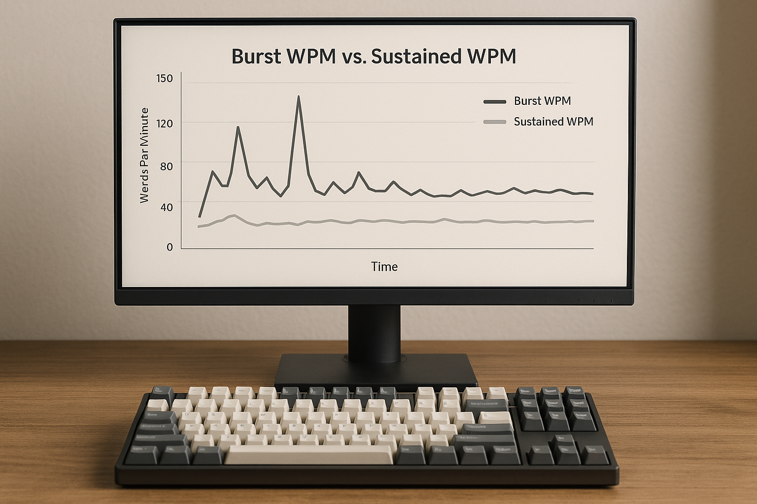 Visualization of burst WPM versus sustained WPM trend lines across repeated sessions