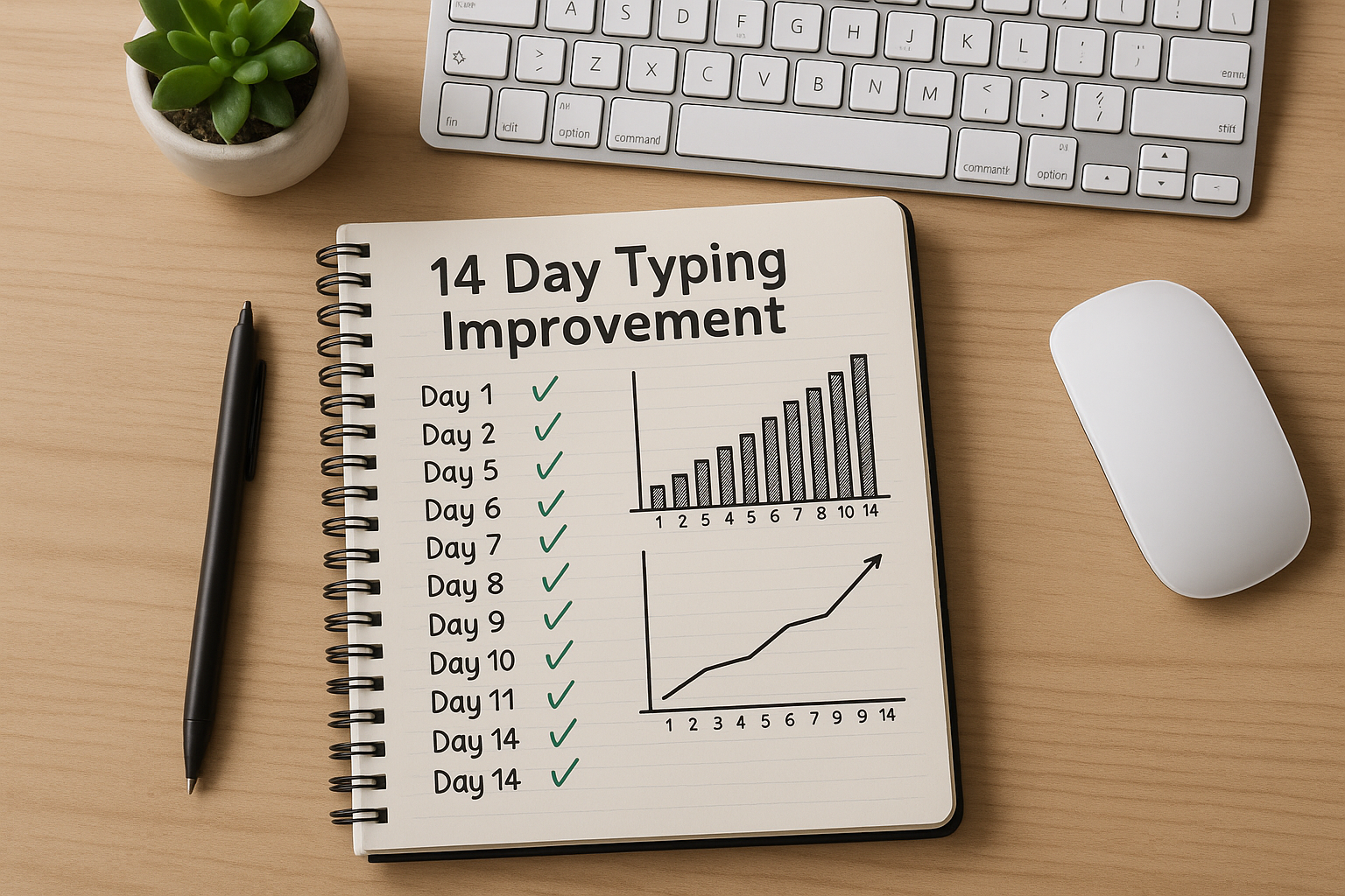 Desk setup with typing log notebook and progress chart for a two week training cycle
