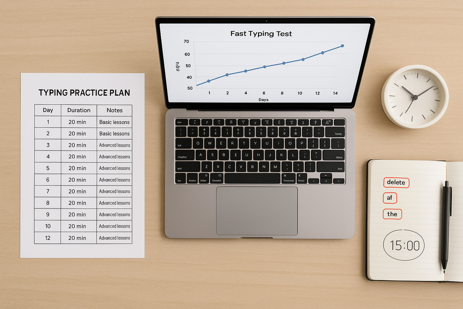 Top-down workspace with 14-day fast typing test progress plan and trend chart