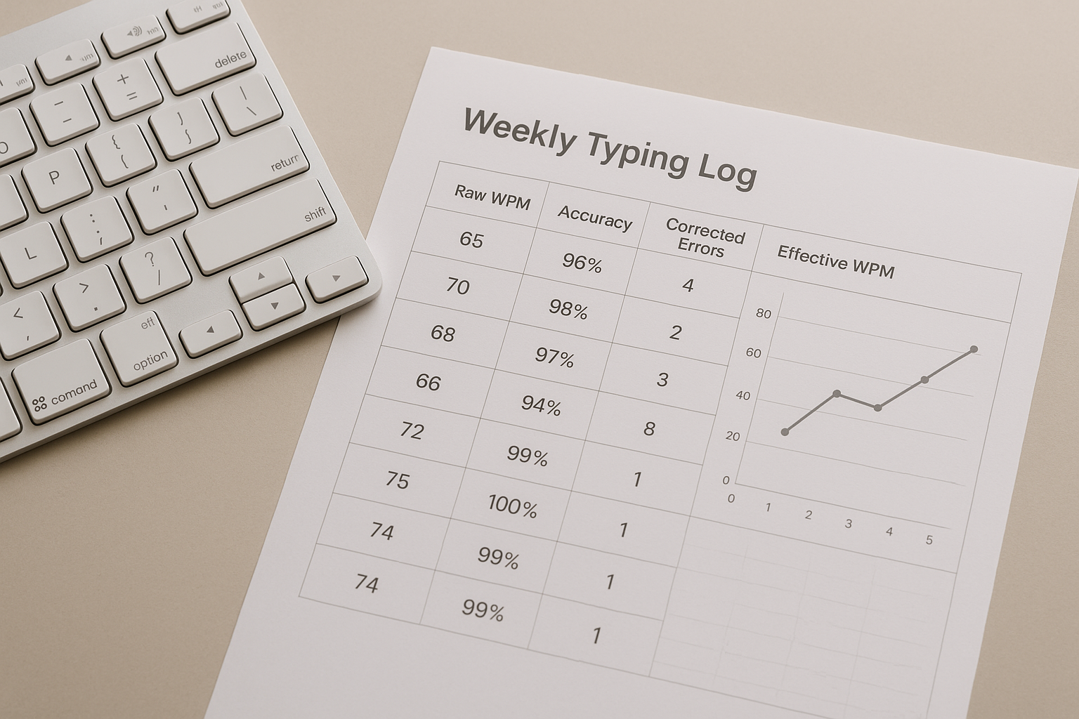 Typing log with effective WPM trend notes and keyboard