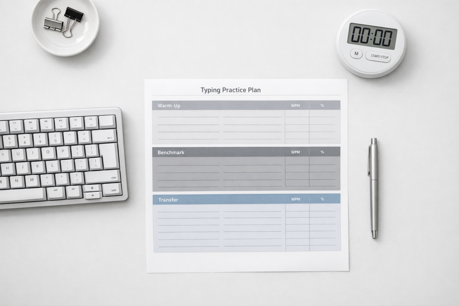 Top-down desk with WPM session blocks and timer