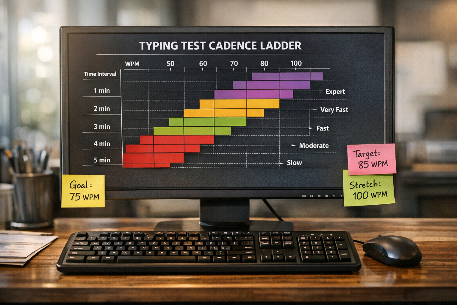 Three-step pacing ladder for launch, middle, and finish segments in timed typing test