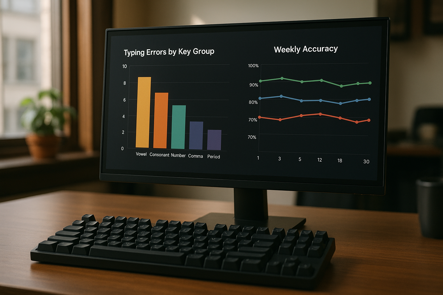 Typing error category dashboard with key group hotspots and trend lines