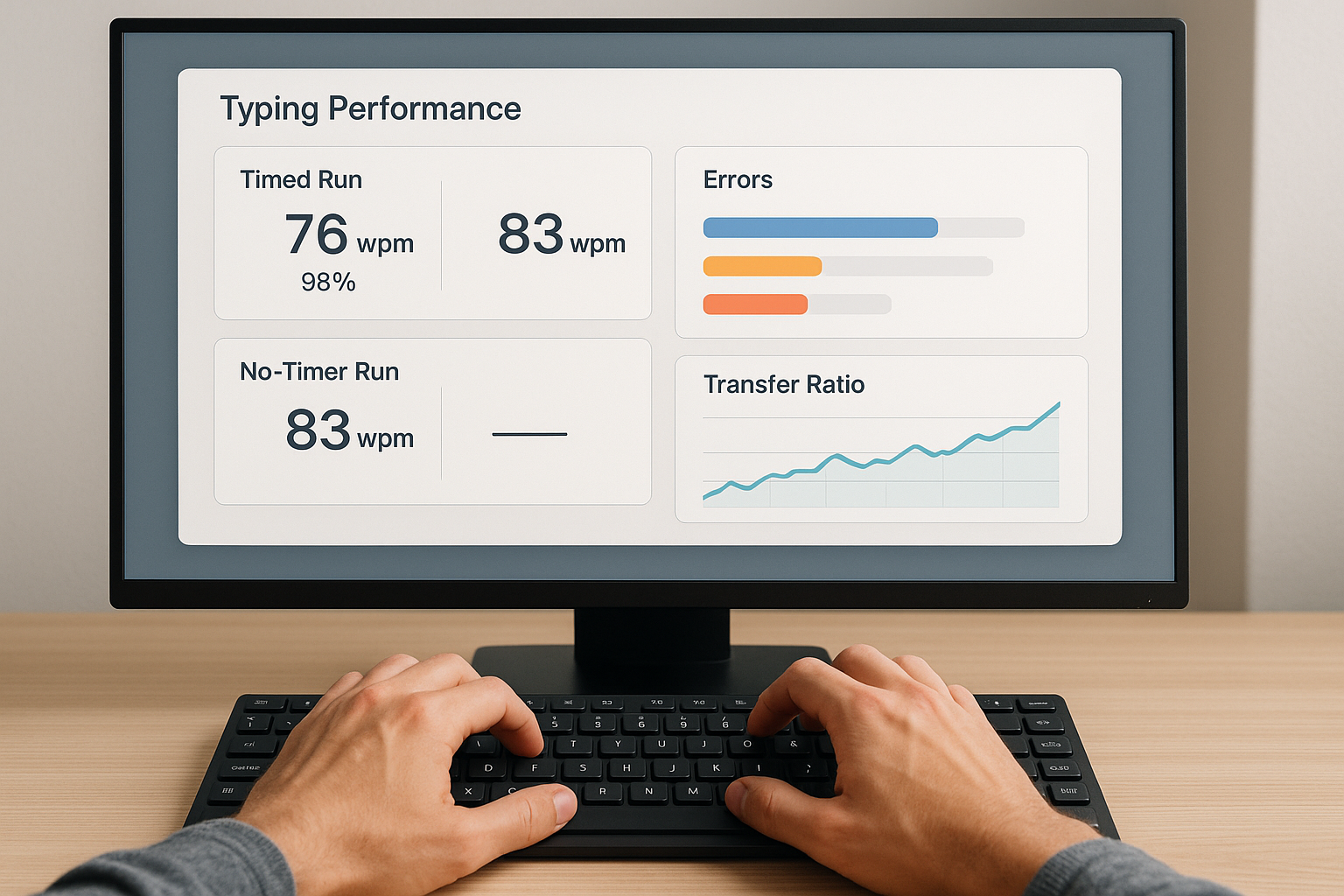 Typing dashboard showing no-timer runs, error categories, and transfer ratio trend