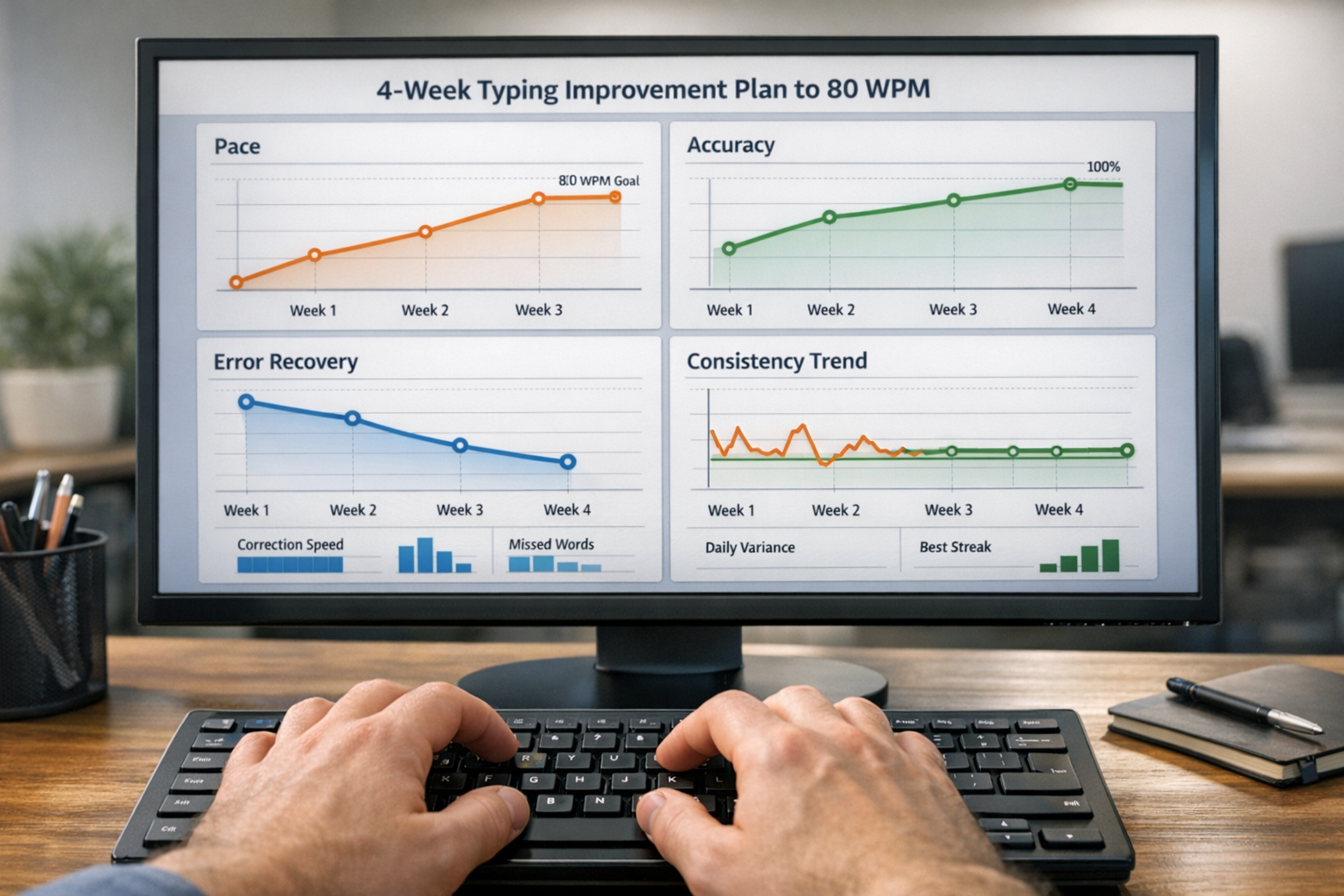 Dashboard view of a four week 80 WPM training plan with pace and consistency trends