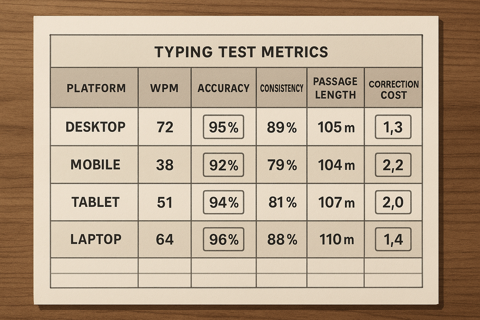 Comparison scorecard for WPM typing test websites with consistency and transfer metrics