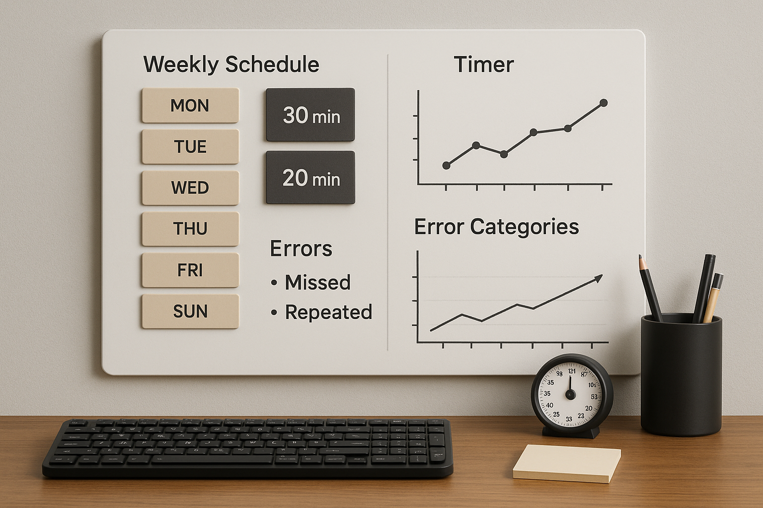 Weekly training workflow board for selecting and validating typing test websites