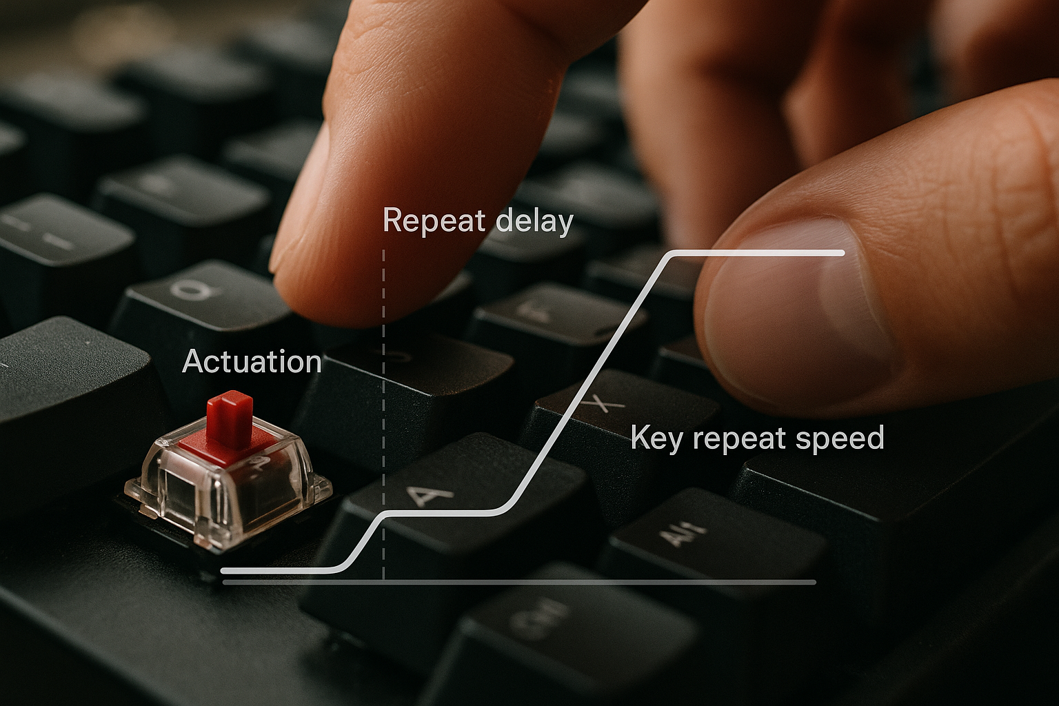 Mechanical keyboard closeup with actuation timeline and repeat delay tuning concept
