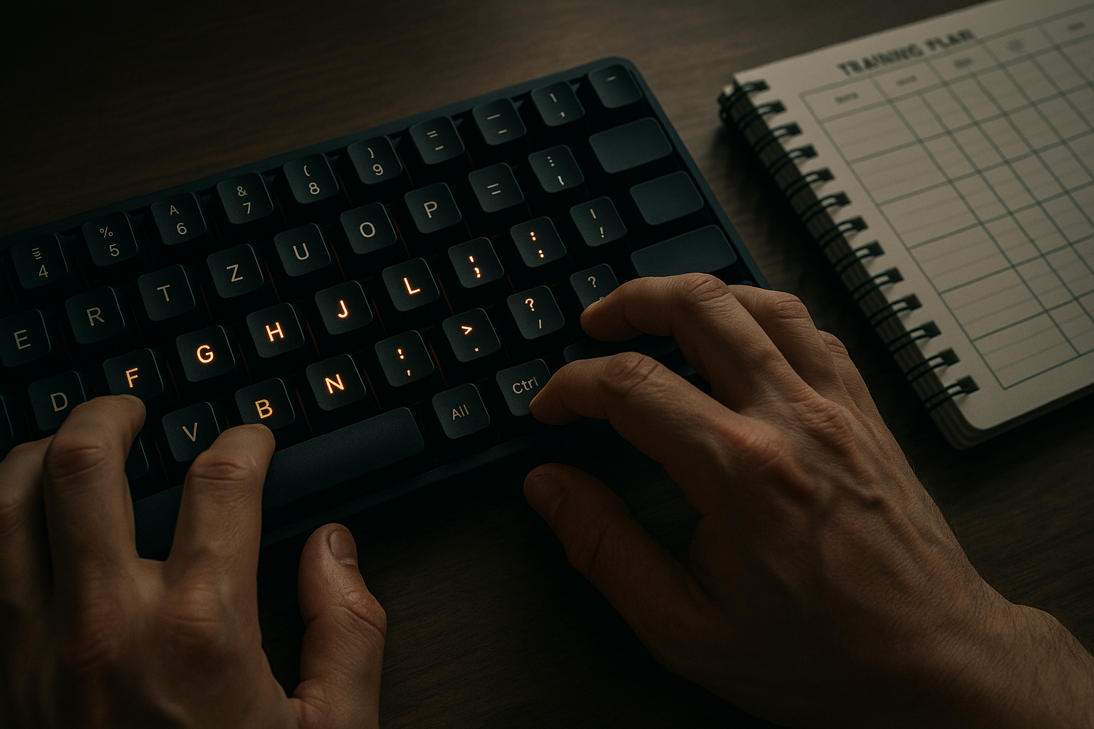 Hands practicing punctuation key transitions on compact keyboard