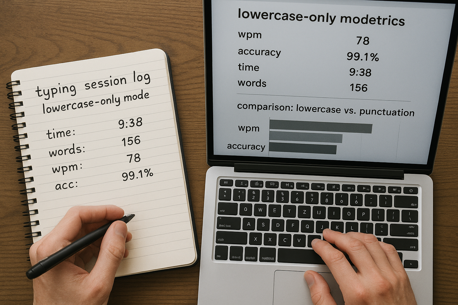 Session log comparing lowercase only runs with punctuation runs