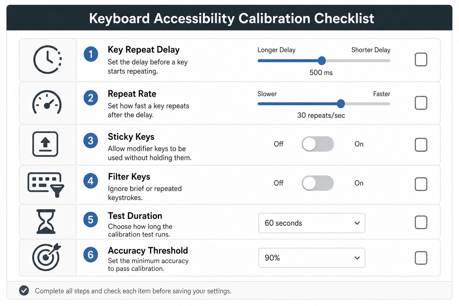 Keyboard accessibility calibration checklist graphic