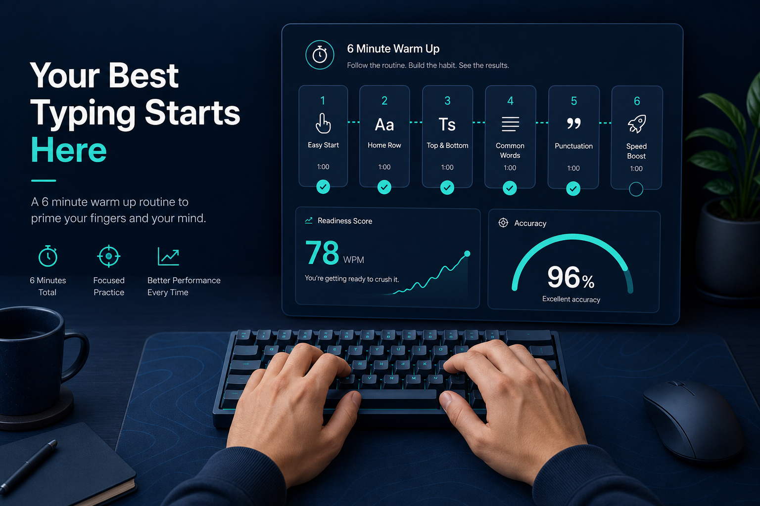 Typing warm up dashboard with a six minute routine, accuracy target, and WPM readiness score