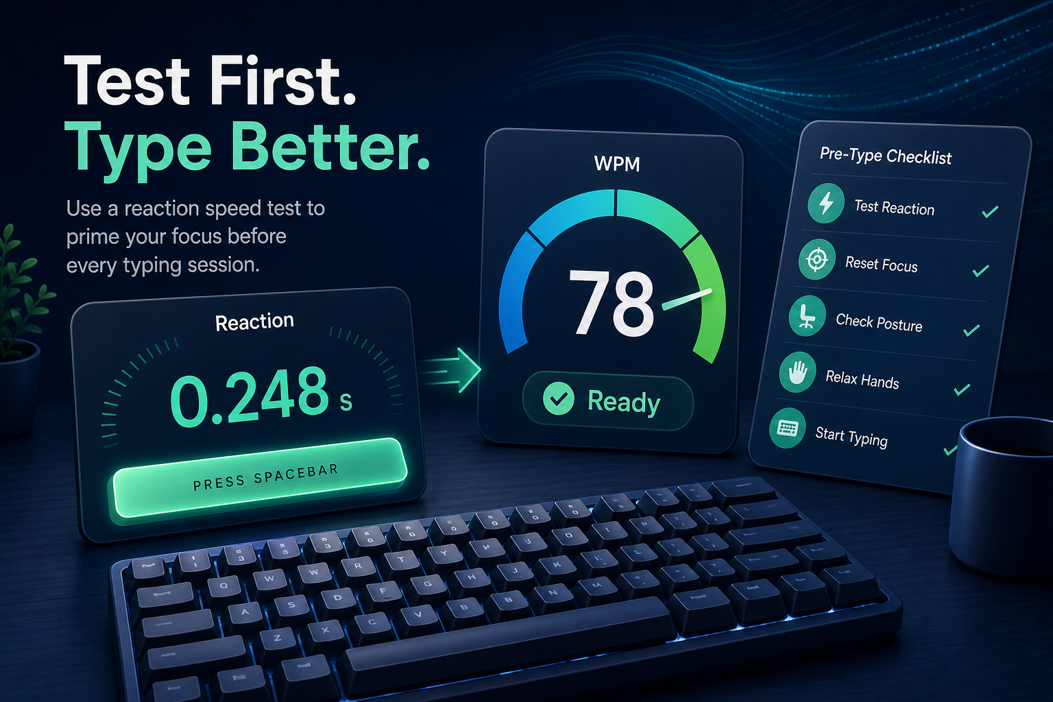 Reaction speed test dashboard with a keyboard, spacebar timer, WPM readiness gauge, and short pre-test checklist