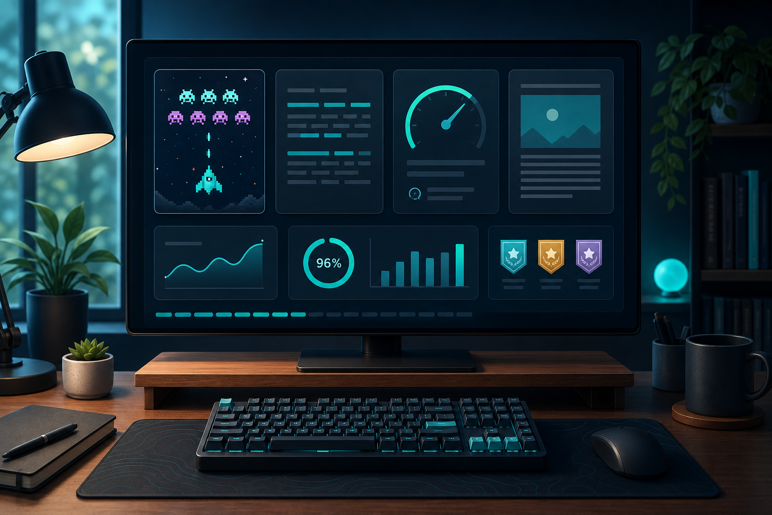 Typing simulator selection dashboard with practice modes, transfer scores, and keyboard rhythm cards