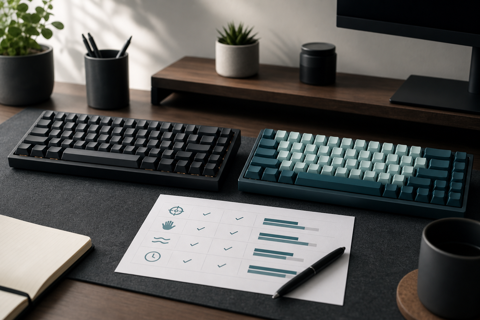 Mechanical keyboard typing test setup with notes and WPM scorecard