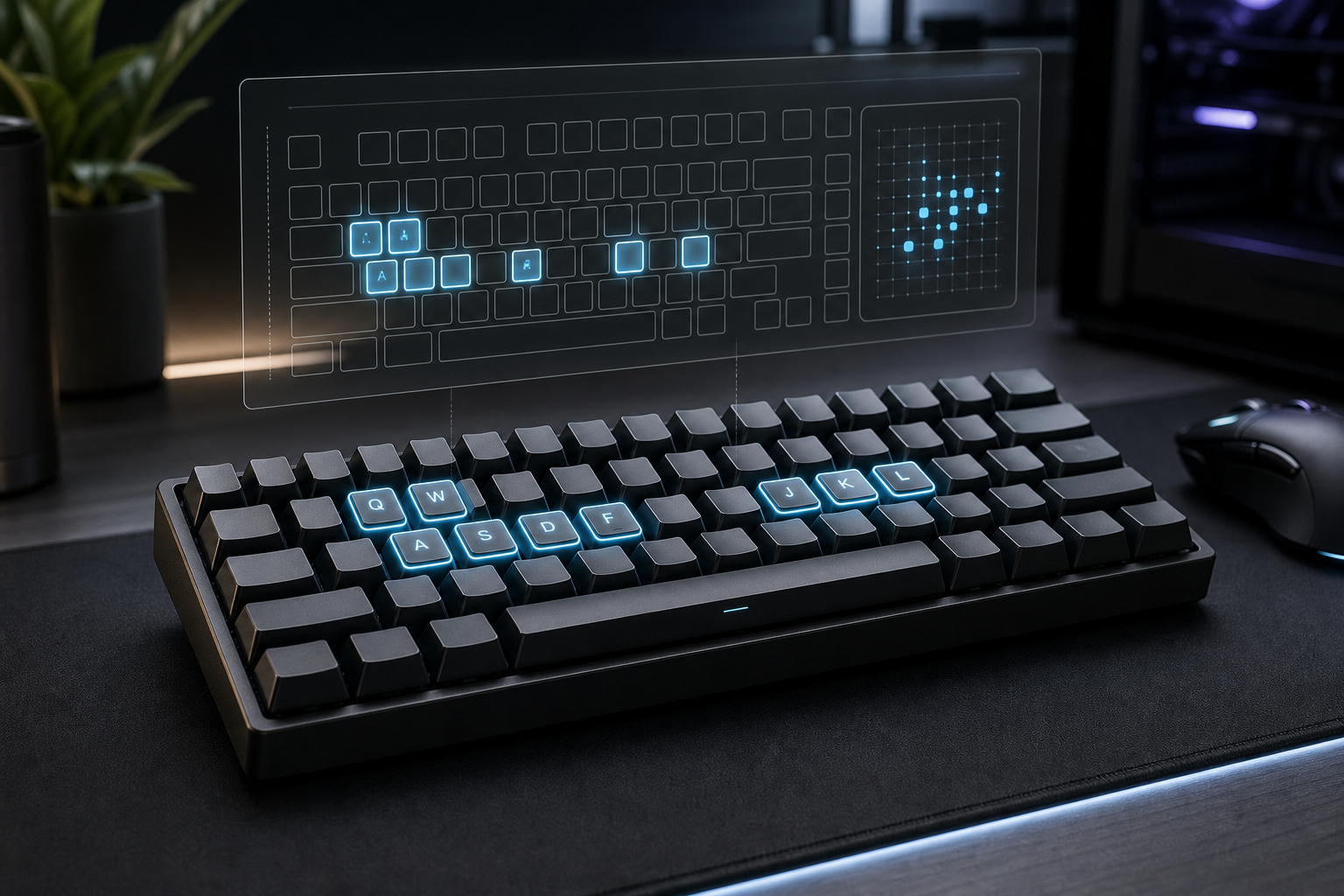 Keyboard rollover test hero image showing simultaneous key presses highlighted on a compact mechanical keyboard